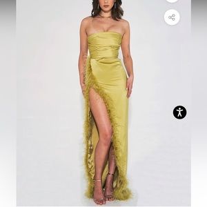 Miss Circle Perrin Olive Feather High Slit Gown